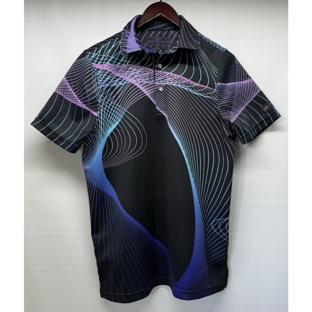 USA Palm Gravity Performance Polo Golf Shirt Men’s Medium Stretch Black Purple